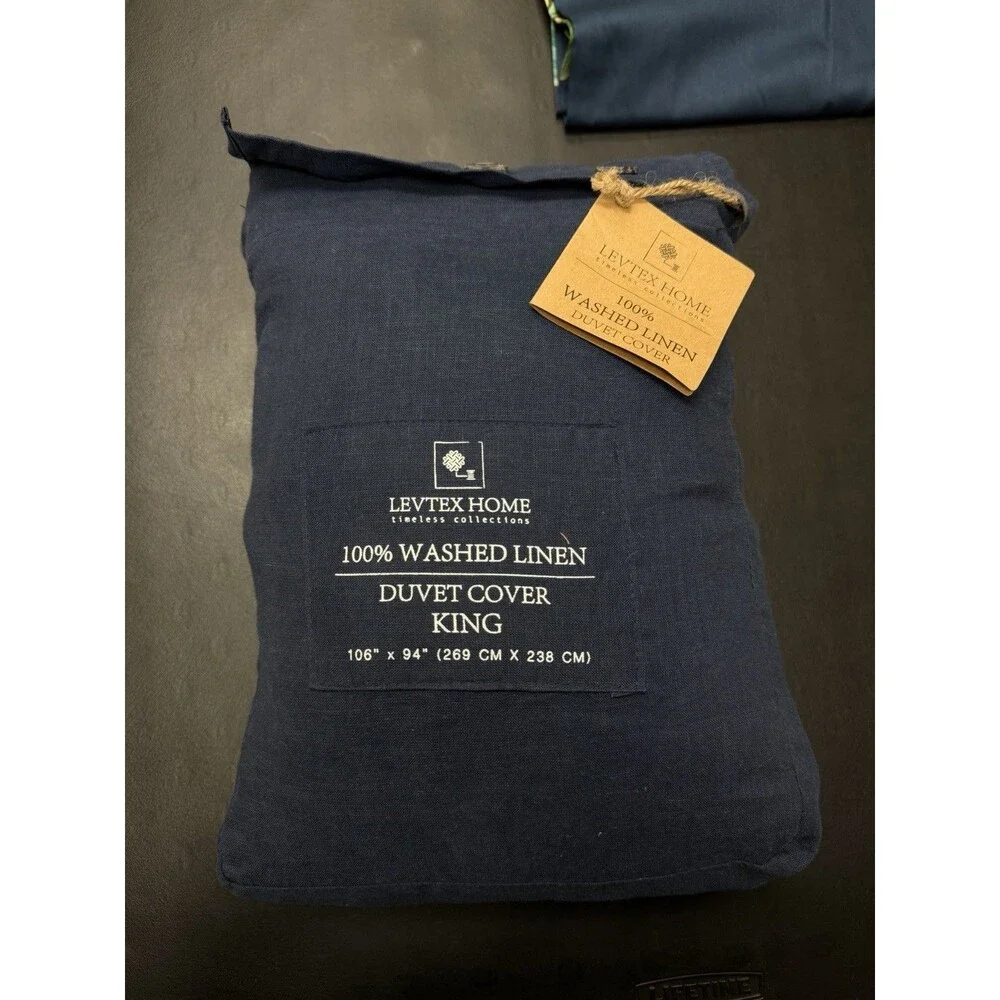 Levtex Home 100% Washed Linen KING Duvet Cover Navy Blue